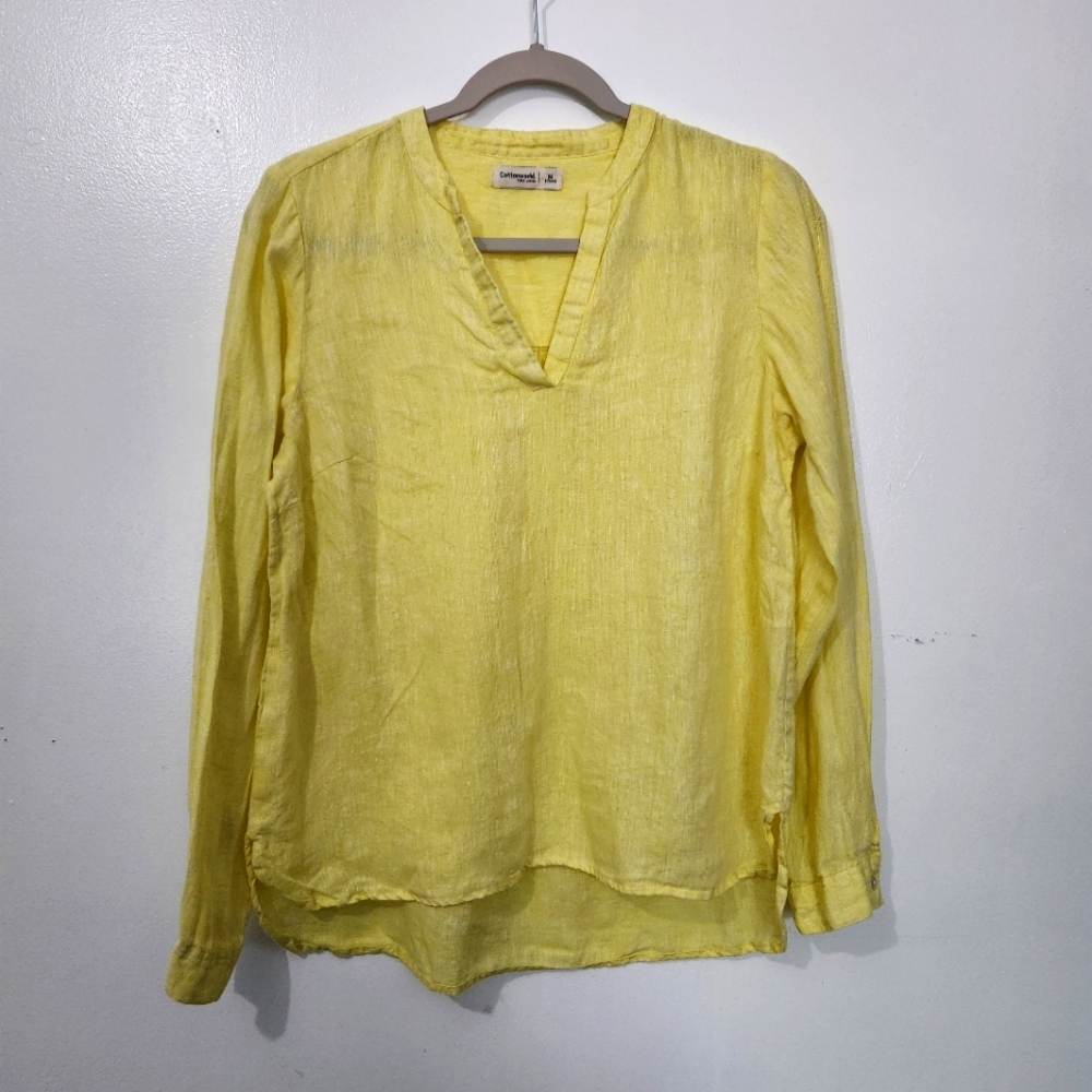 Cottonworld Butter Yellow Linen V-Neck Pullover Blouse Size Medium Long Sleeve